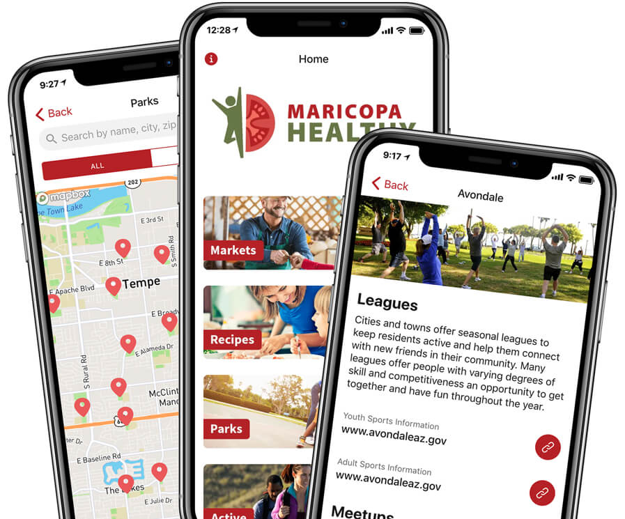 Screenshots of the Maricopa Healthy app showing various features.
